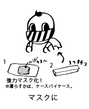 マスクに。ハンドタオルをたたんで口に当てる部分に入れると強力に。ハンドタオルを濡らすかはケースバイケース（放射性物質の吸入をより防げますが、息は苦しくなります）